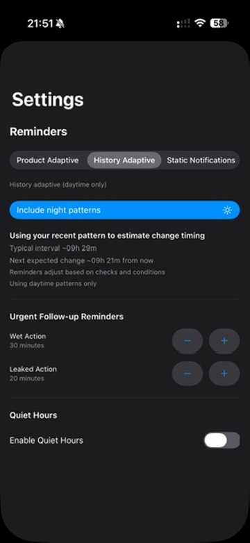 CueCare history screen in dark mode